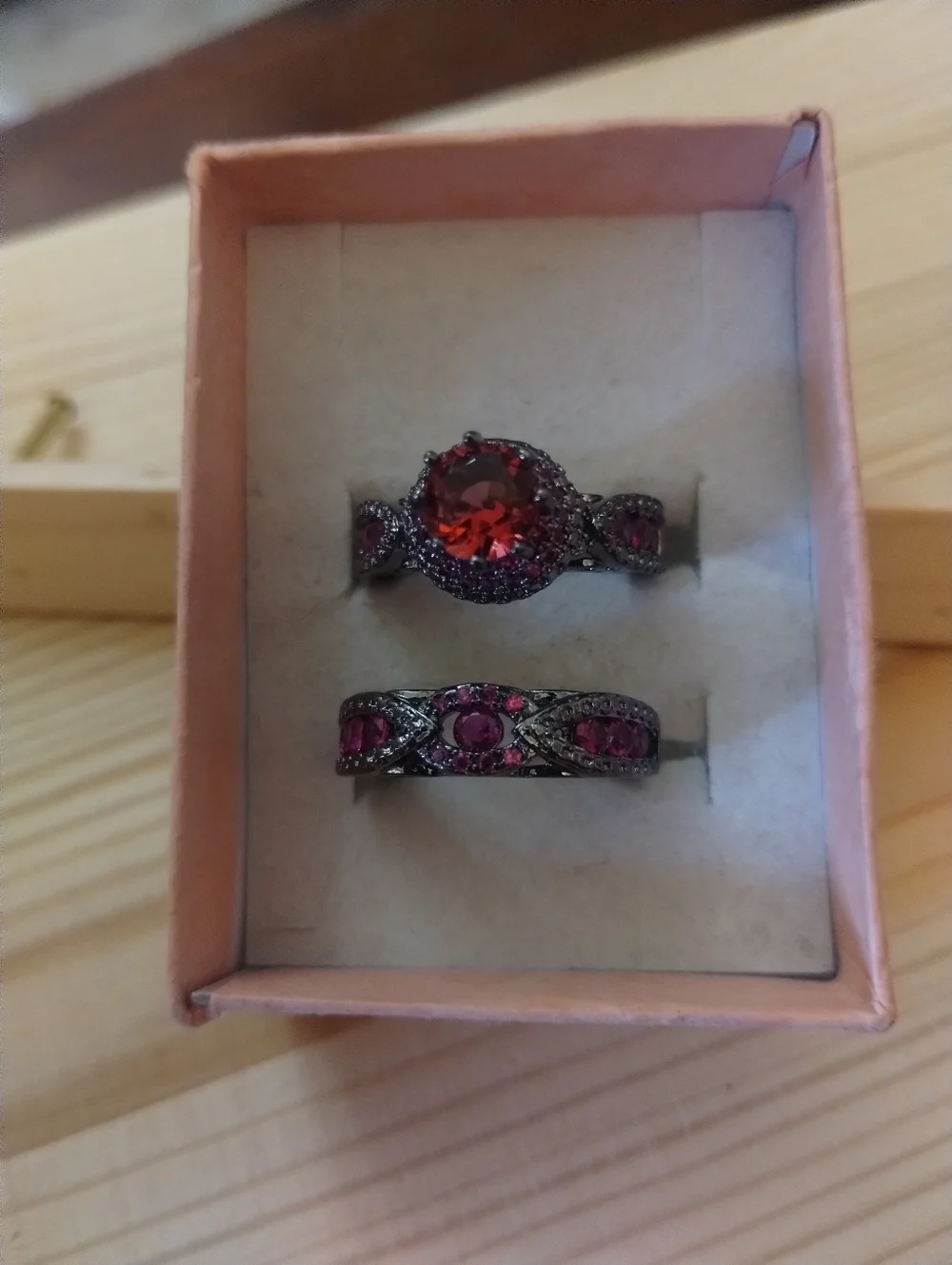 New Pink Gemstone Ring Set 2PC Black Tone Stackable Statement Rings Size 6